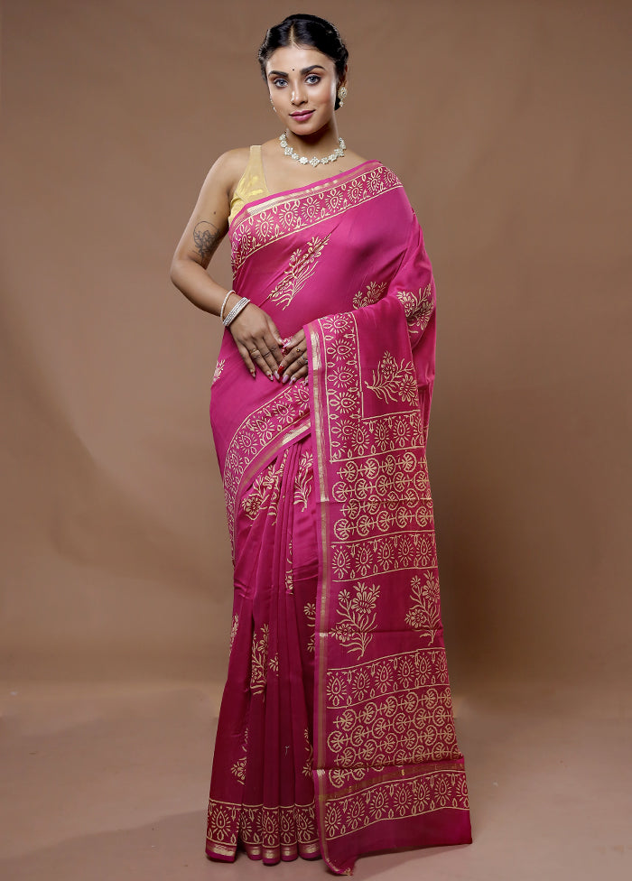 Pink Chanderi Cotton Saree With Blouse Piece - Indian Silk House Agencies