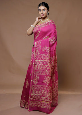 Pink Chanderi Cotton Saree With Blouse Piece - Indian Silk House Agencies