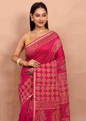 Pink Chanderi Cotton Saree With Blouse Piece - Indian Silk House Agencies