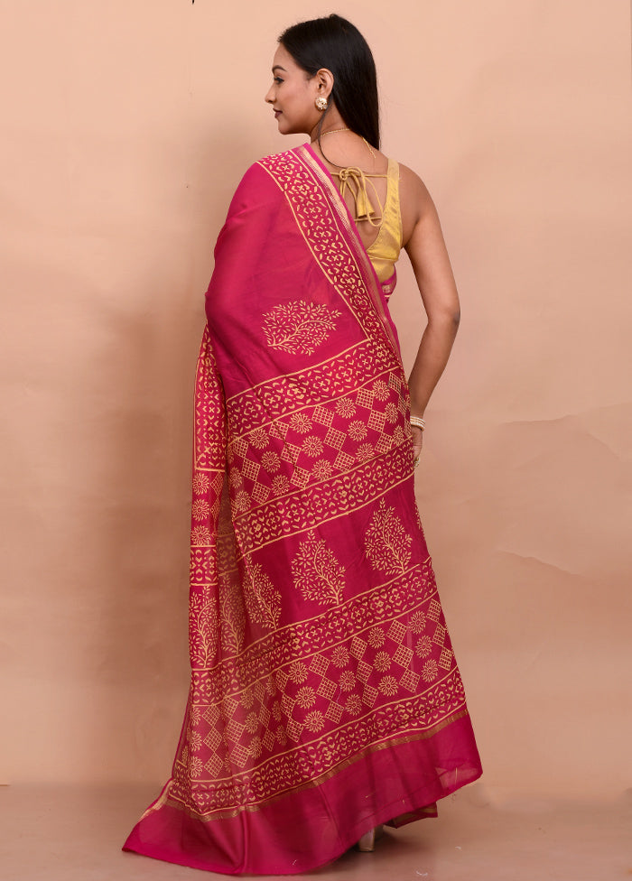 Pink Chanderi Cotton Saree With Blouse Piece - Indian Silk House Agencies