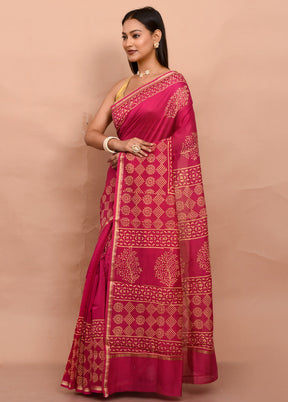 Pink Chanderi Cotton Saree With Blouse Piece - Indian Silk House Agencies