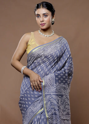 Grey Chanderi Cotton Saree With Blouse Piece - Indian Silk House Agencies