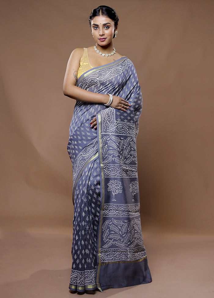 Grey Chanderi Cotton Saree With Blouse Piece - Indian Silk House Agencies