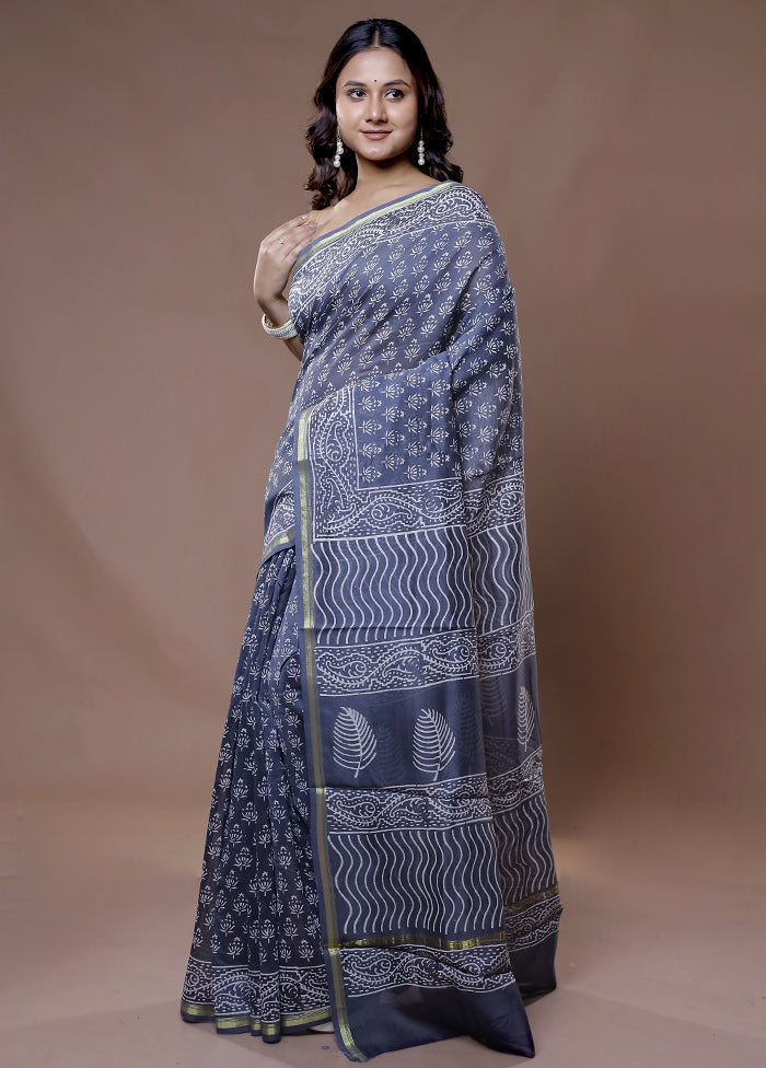 Grey Chanderi Cotton Saree With Blouse Piece - Indian Silk House Agencies