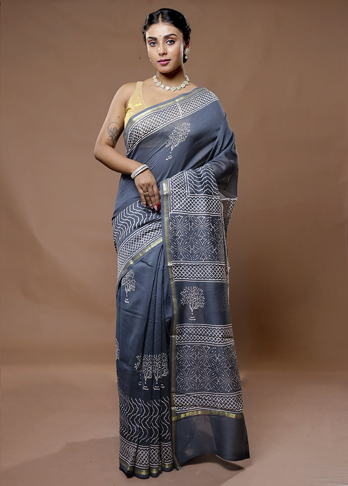 Grey Chanderi Cotton Saree With Blouse Piece - Indian Silk House Agencies