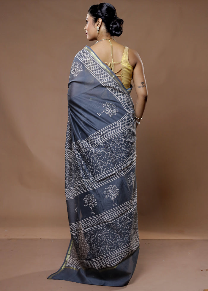 Grey Chanderi Cotton Saree With Blouse Piece - Indian Silk House Agencies