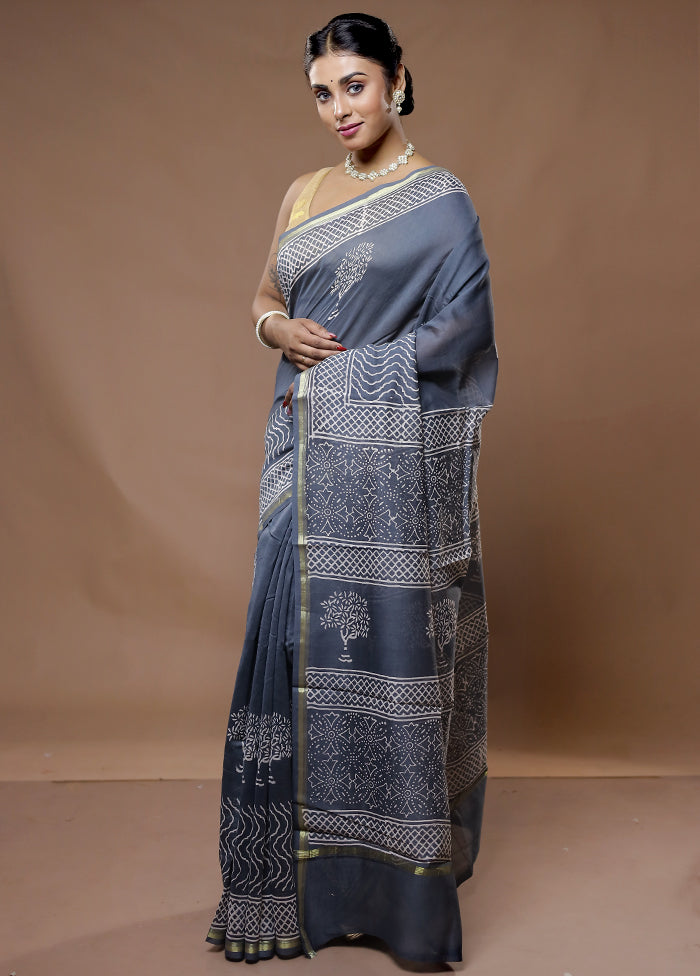 Grey Chanderi Cotton Saree With Blouse Piece - Indian Silk House Agencies