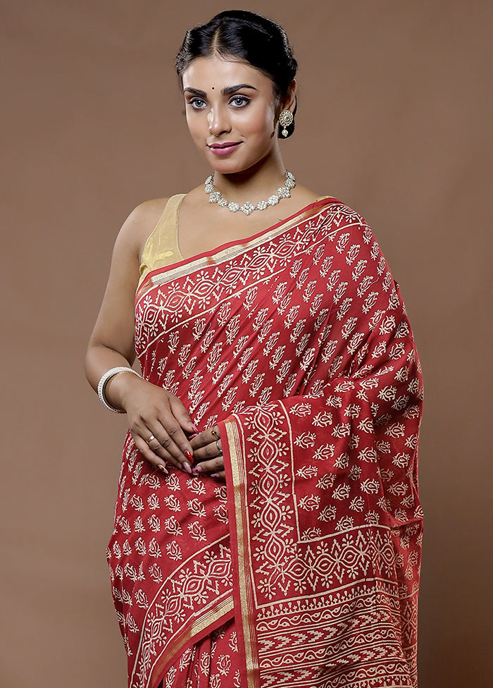 Red Chanderi Cotton Saree With Blouse Piece - Indian Silk House Agencies