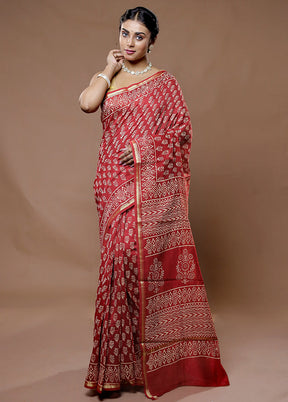 Red Chanderi Cotton Saree With Blouse Piece - Indian Silk House Agencies