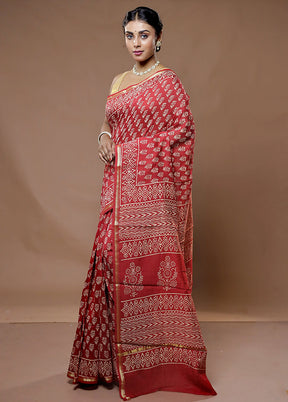 Red Chanderi Cotton Saree With Blouse Piece - Indian Silk House Agencies