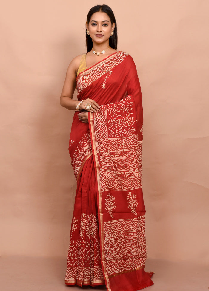 Red Chanderi Cotton Saree With Blouse Piece - Indian Silk House Agencies