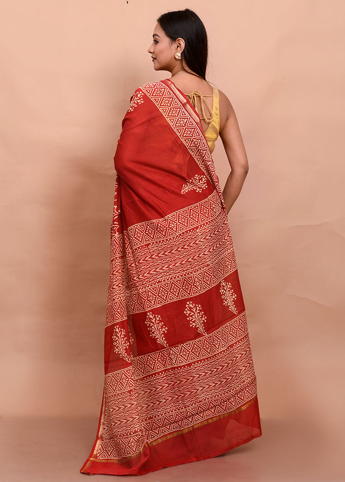 Red Chanderi Cotton Saree With Blouse Piece - Indian Silk House Agencies