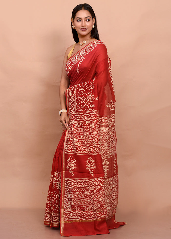 Red Chanderi Cotton Saree With Blouse Piece - Indian Silk House Agencies