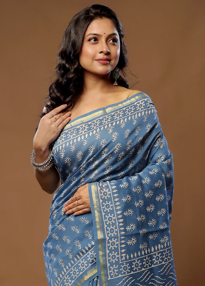 Blue Chanderi Cotton Saree With Blouse Piece - Indian Silk House Agencies