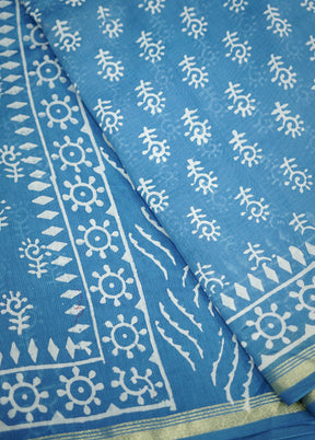 Blue Chanderi Cotton Saree With Blouse Piece - Indian Silk House Agencies