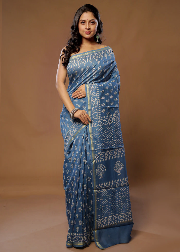 Blue Chanderi Cotton Saree With Blouse Piece - Indian Silk House Agencies