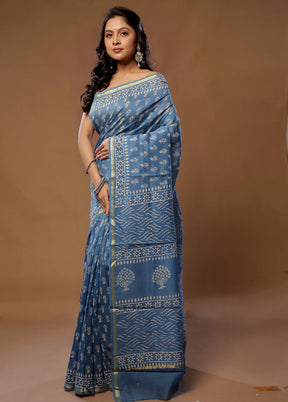 Blue Chanderi Cotton Saree With Blouse Piece - Indian Silk House Agencies