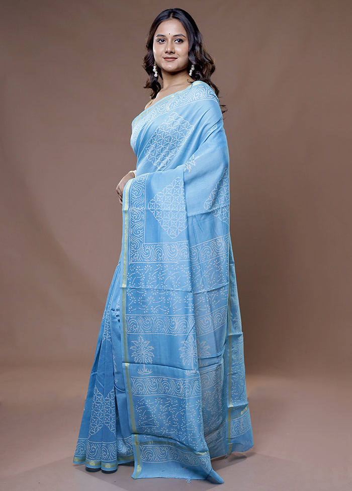 Blue Chanderi Cotton Saree With Blouse Piece - Indian Silk House Agencies