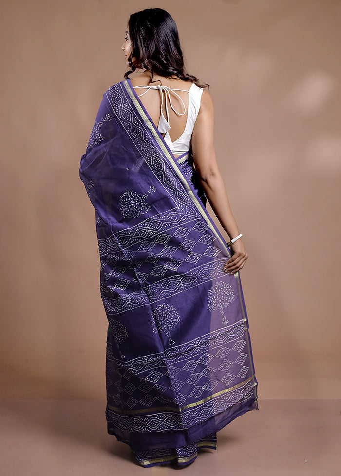 Blue Chanderi Cotton Saree With Blouse Piece - Indian Silk House Agencies