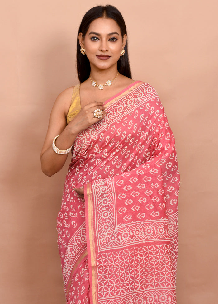 Pink Chanderi Cotton Saree With Blouse Piece - Indian Silk House Agencies