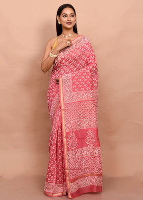 Pink Chanderi Cotton Saree With Blouse Piece - Indian Silk House Agencies