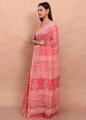 Pink Chanderi Cotton Saree With Blouse Piece - Indian Silk House Agencies