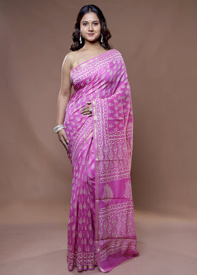 Pink Chanderi Cotton Saree With Blouse Piece - Indian Silk House Agencies