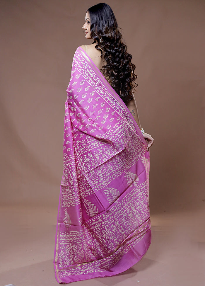 Pink Chanderi Cotton Saree With Blouse Piece - Indian Silk House Agencies