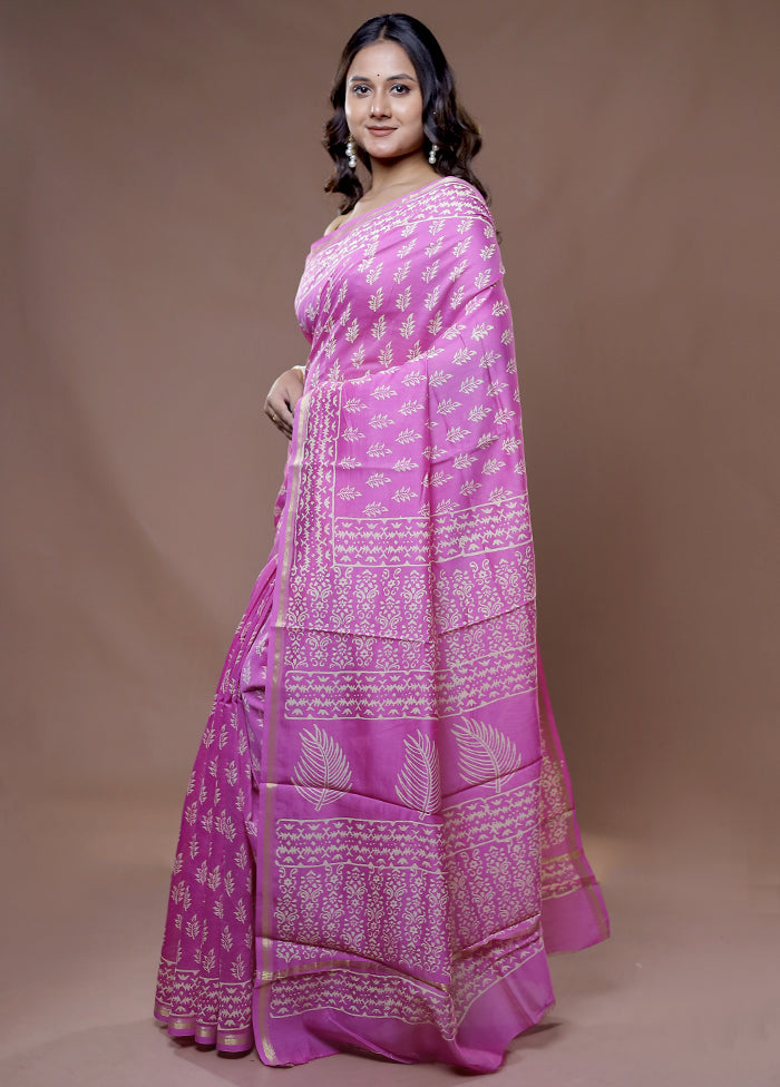 Pink Chanderi Cotton Saree With Blouse Piece - Indian Silk House Agencies