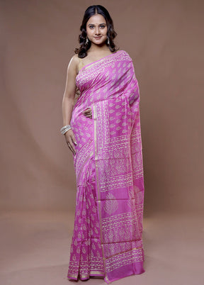 Pink Chanderi Cotton Saree With Blouse Piece - Indian Silk House Agencies