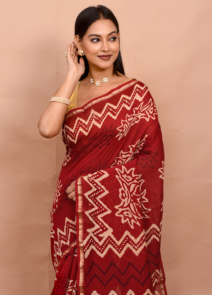 Red Chanderi Cotton Saree With Blouse Piece - Indian Silk House Agencies