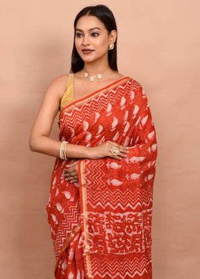 Orange Chanderi Cotton Saree With Blouse Piece - Indian Silk House Agencies