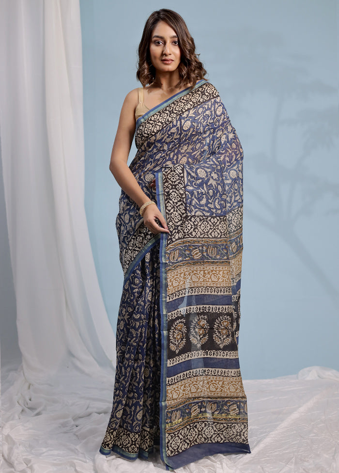 Blue Chanderi Cotton Saree With Blouse Piece - Indian Silk House Agencies