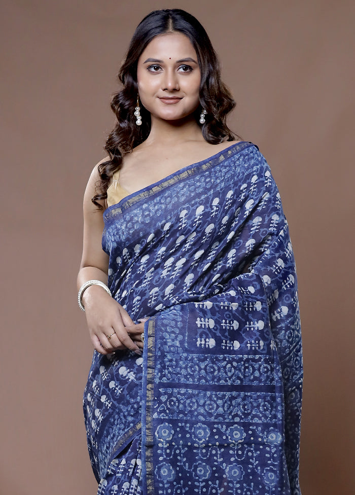 Blue Chanderi Cotton Saree With Blouse Piece - Indian Silk House Agencies