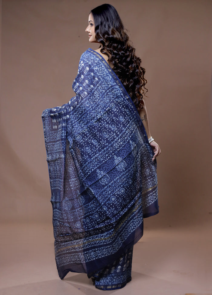 Blue Chanderi Cotton Saree With Blouse Piece - Indian Silk House Agencies