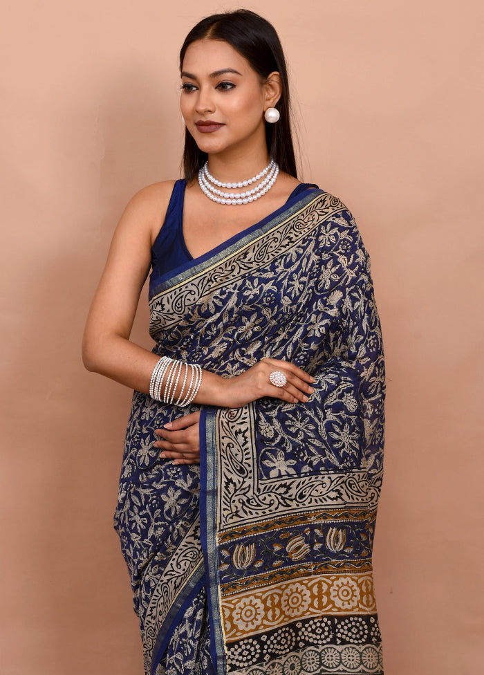 Blue Chanderi Cotton Saree With Blouse Piece - Indian Silk House Agencies