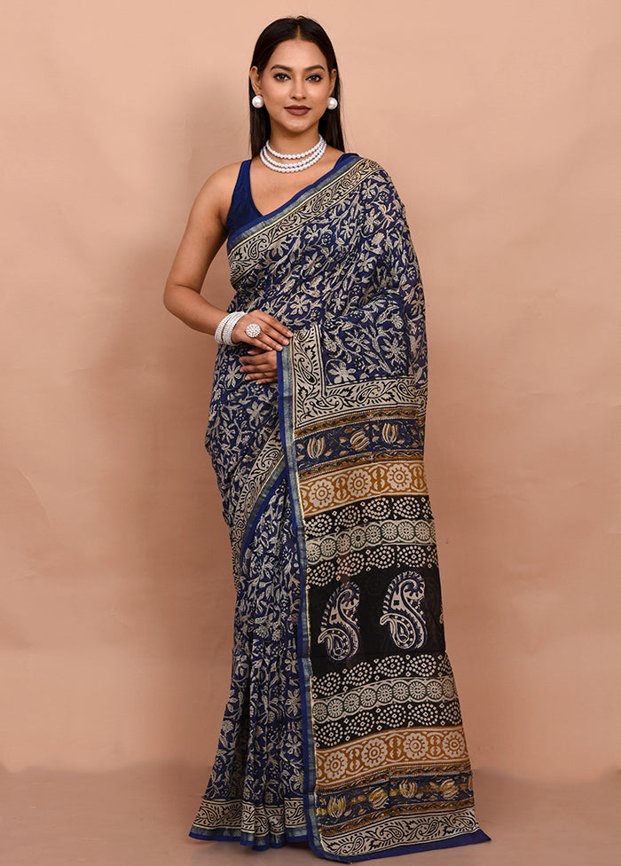 Blue Chanderi Cotton Saree With Blouse Piece - Indian Silk House Agencies