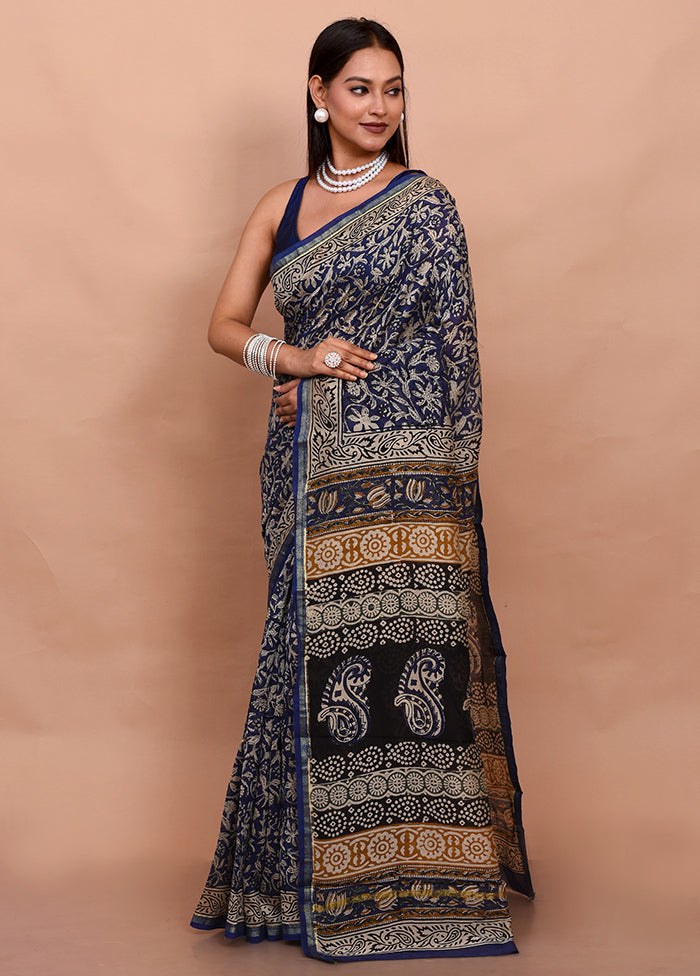 Blue Chanderi Cotton Saree With Blouse Piece - Indian Silk House Agencies