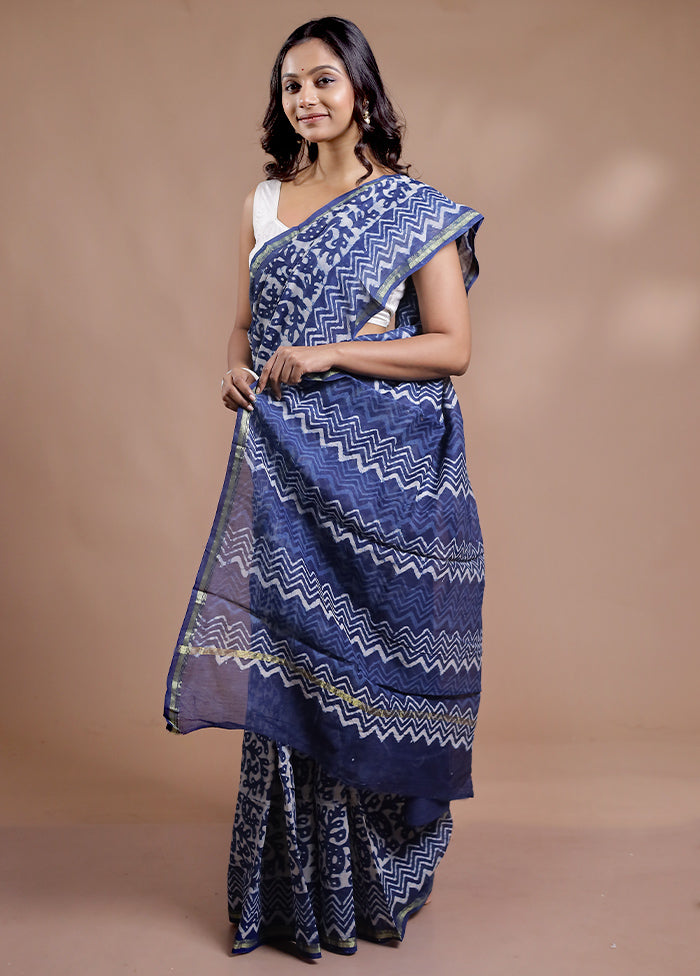 Blue Chanderi Cotton Saree With Blouse Piece - Indian Silk House Agencies