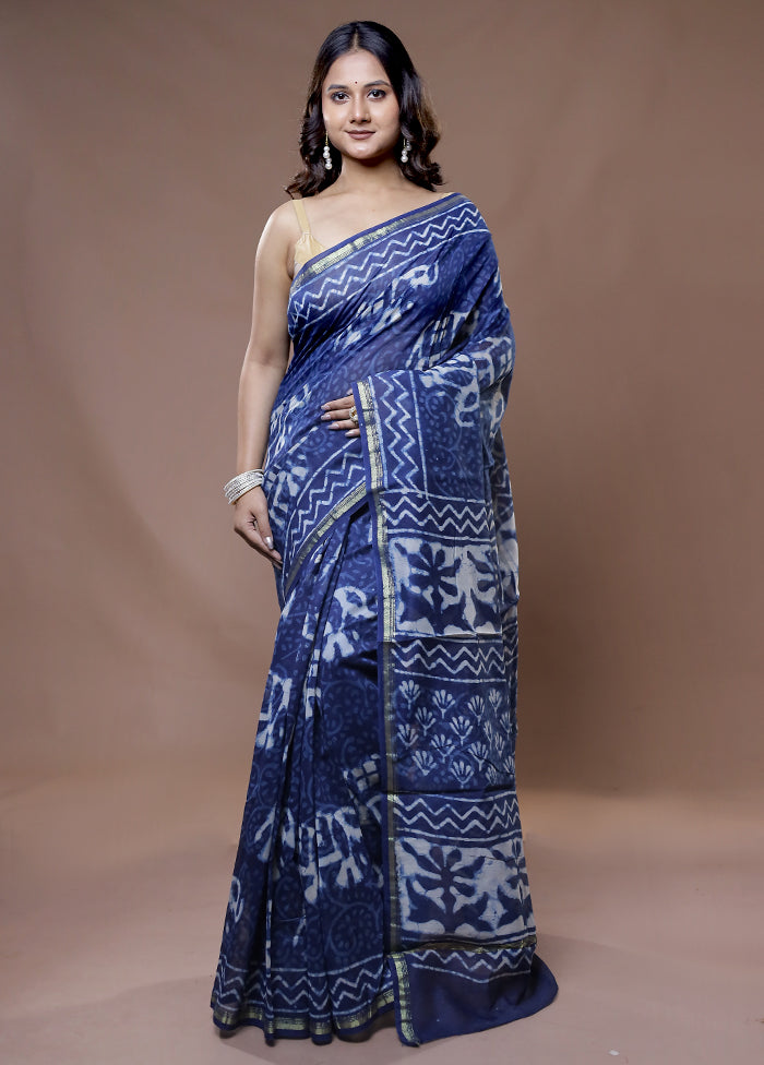 Blue Chanderi Cotton Saree With Blouse Piece - Indian Silk House Agencies