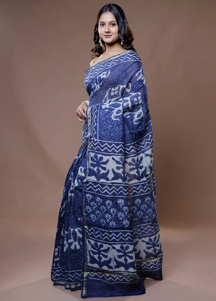 Blue Chanderi Cotton Saree With Blouse Piece - Indian Silk House Agencies