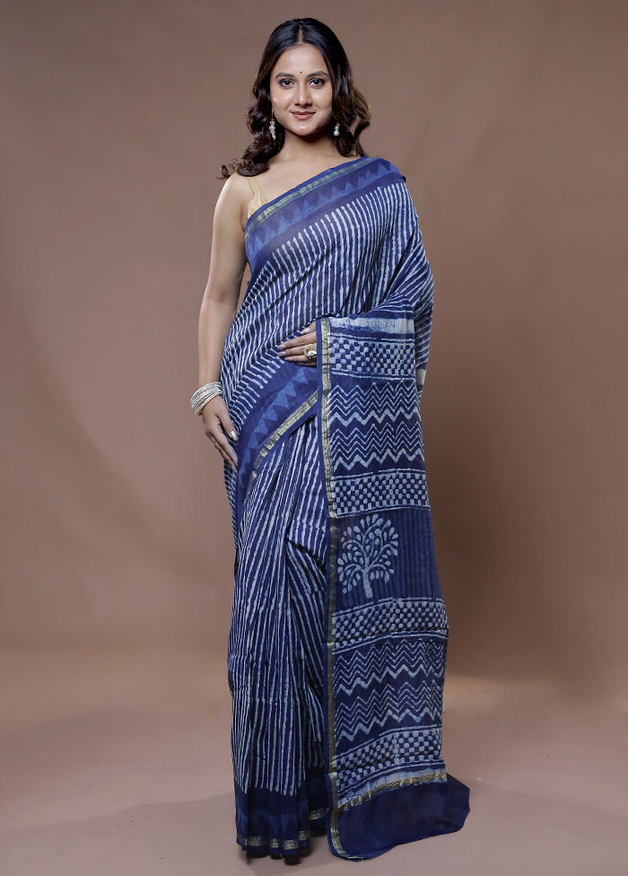 Blue Chanderi Cotton Saree With Blouse Piece - Indian Silk House Agencies