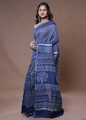 Blue Chanderi Cotton Saree With Blouse Piece - Indian Silk House Agencies