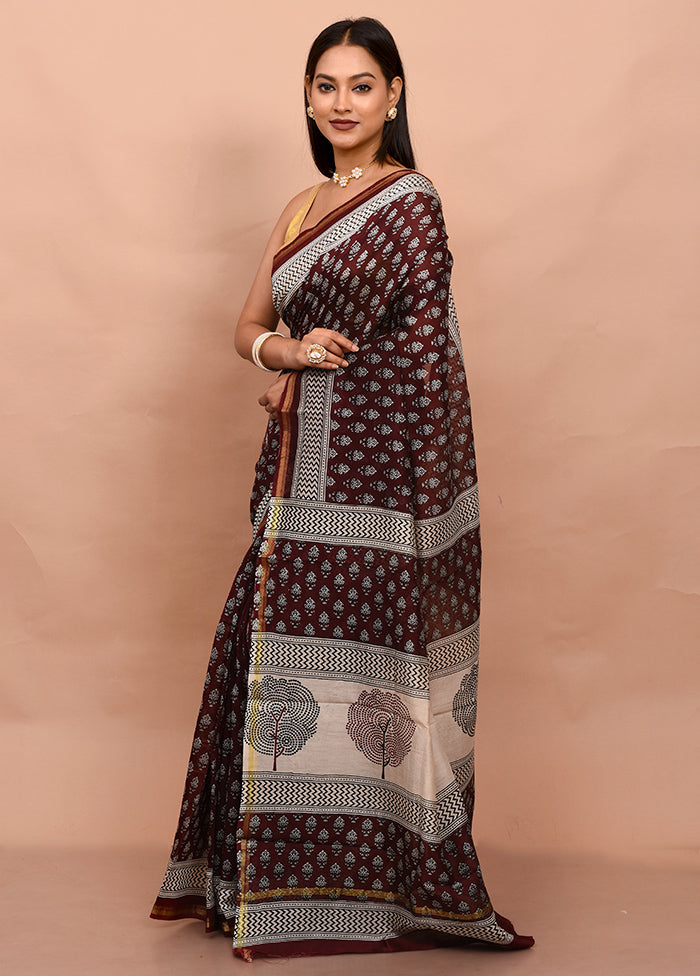 Brown Chanderi Cotton Saree With Blouse Piece - Indian Silk House Agencies