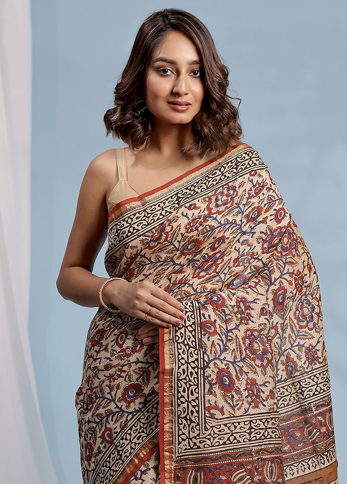 Cream Chanderi Cotton Saree With Blouse Piece - Indian Silk House Agencies