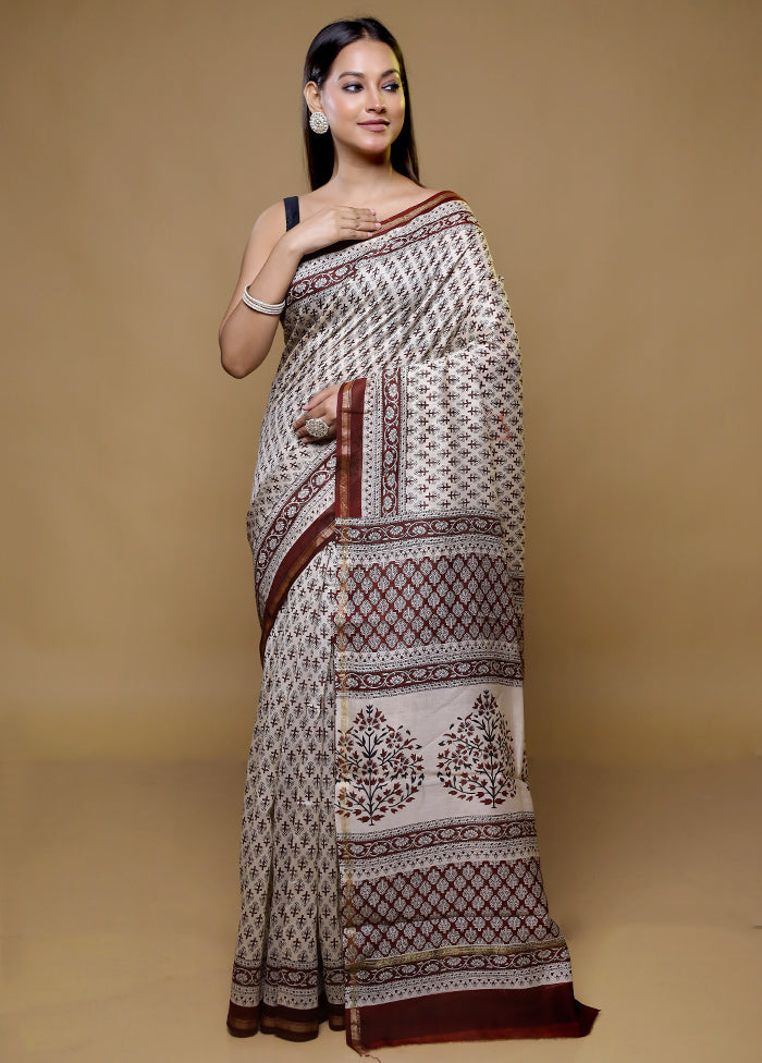 Cream Chanderi Silk Saree With Blouse Piece