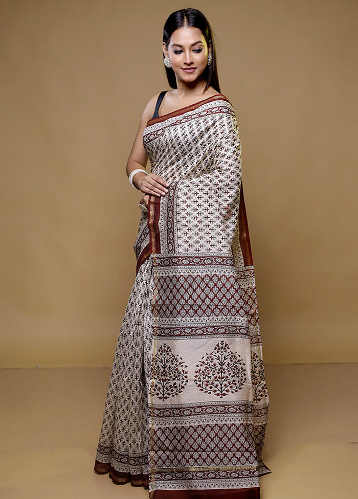 Cream Chanderi Silk Saree With Blouse Piece