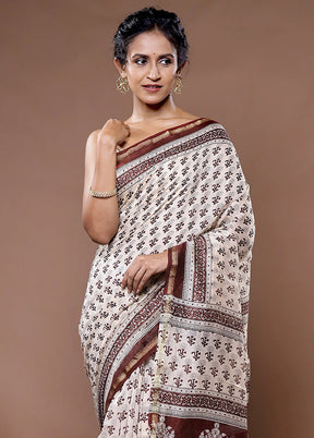 Cream Chanderi Cotton Saree With Blouse Piece - Indian Silk House Agencies