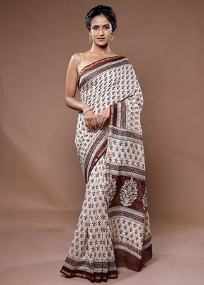 Cream Chanderi Cotton Saree With Blouse Piece - Indian Silk House Agencies