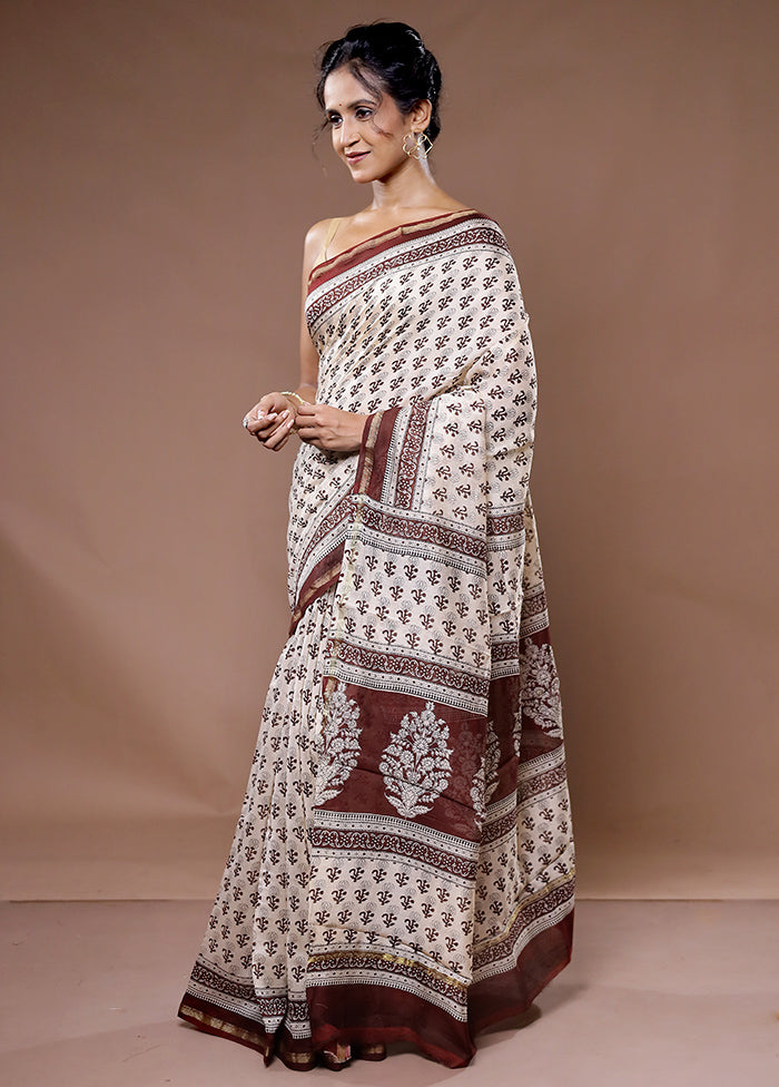 Cream Chanderi Cotton Saree With Blouse Piece - Indian Silk House Agencies